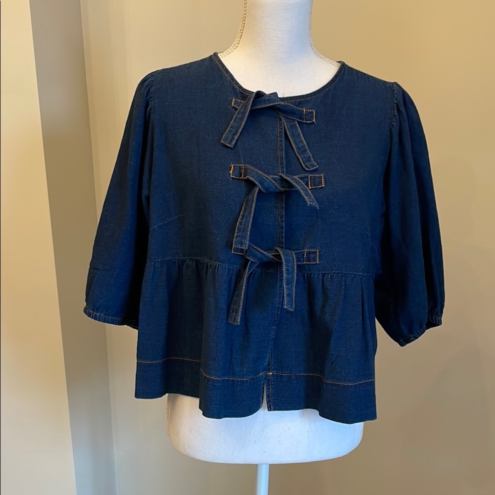 Women's  Cropped Denim Blue Bow-Front Peplum Top/Jacket